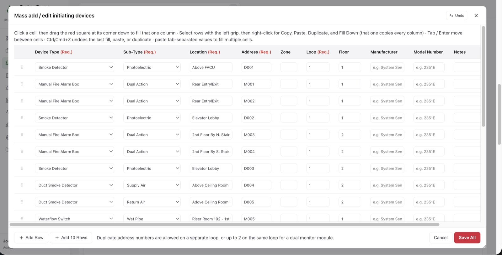 The mass entry grid in the CodeGreen ITM office app